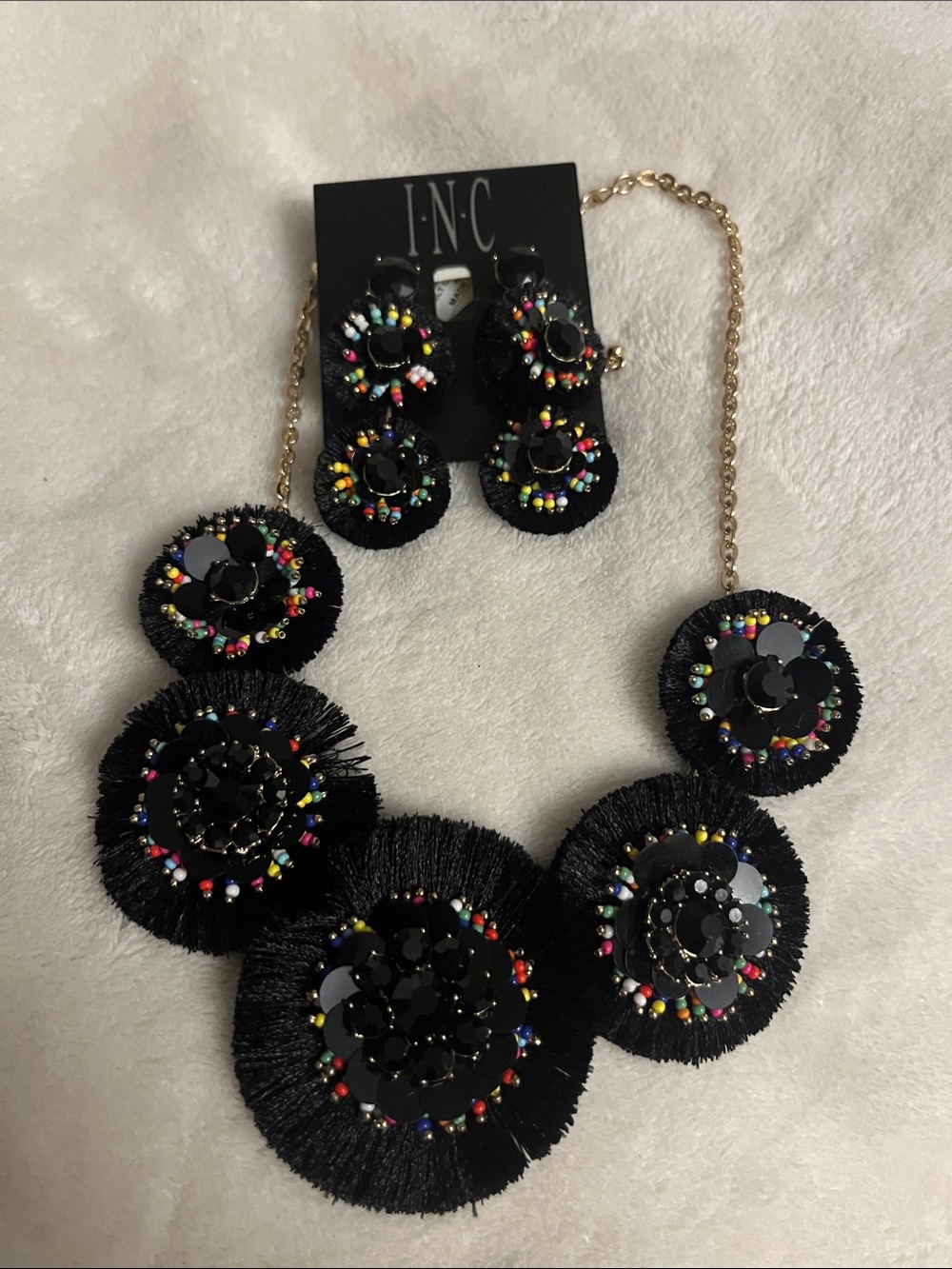 INC Black Multi-Bead Fringe Statement Necklace & Earrings Set